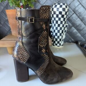 Tory Burch Renault Brown suede snake print leather heeled booties 8
